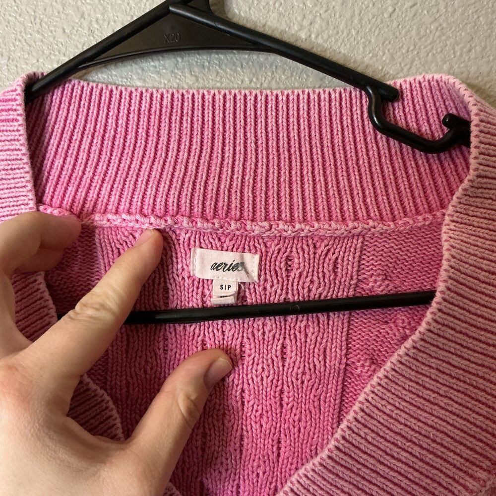 Aerie Pink Cable Knit Sweater Small Oversized V Neck Chunky Cottagecore - Picture 9 of 9